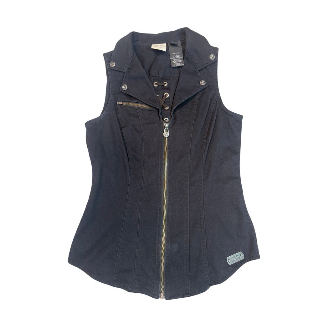 Harley Davidson Womens XS Black Full Zip Vest Lace Up Corset Back Moto Flaws